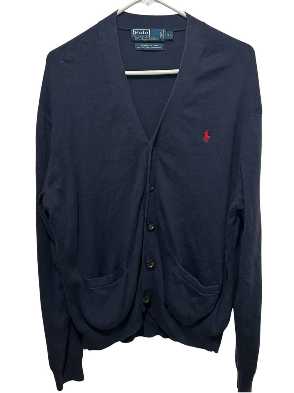 Vintage Polo Ralph Lauren Sweater Cardigan Pima Cotton Pockets Navy Mens Size XL
